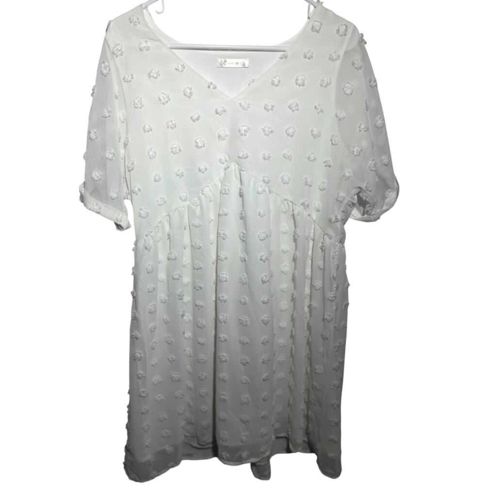 Babydoll Textured V-Neck Short White Sleeve Sheer Dress Size M Spring
